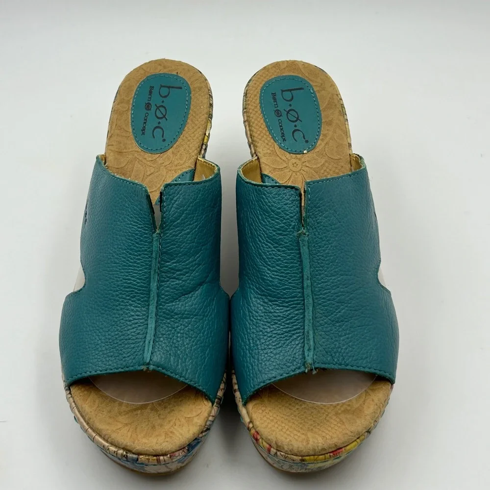 b.o.c. Wedge Sandals Womens 9 Teal Floral Cork Platform Mules C42613 Boho Summer